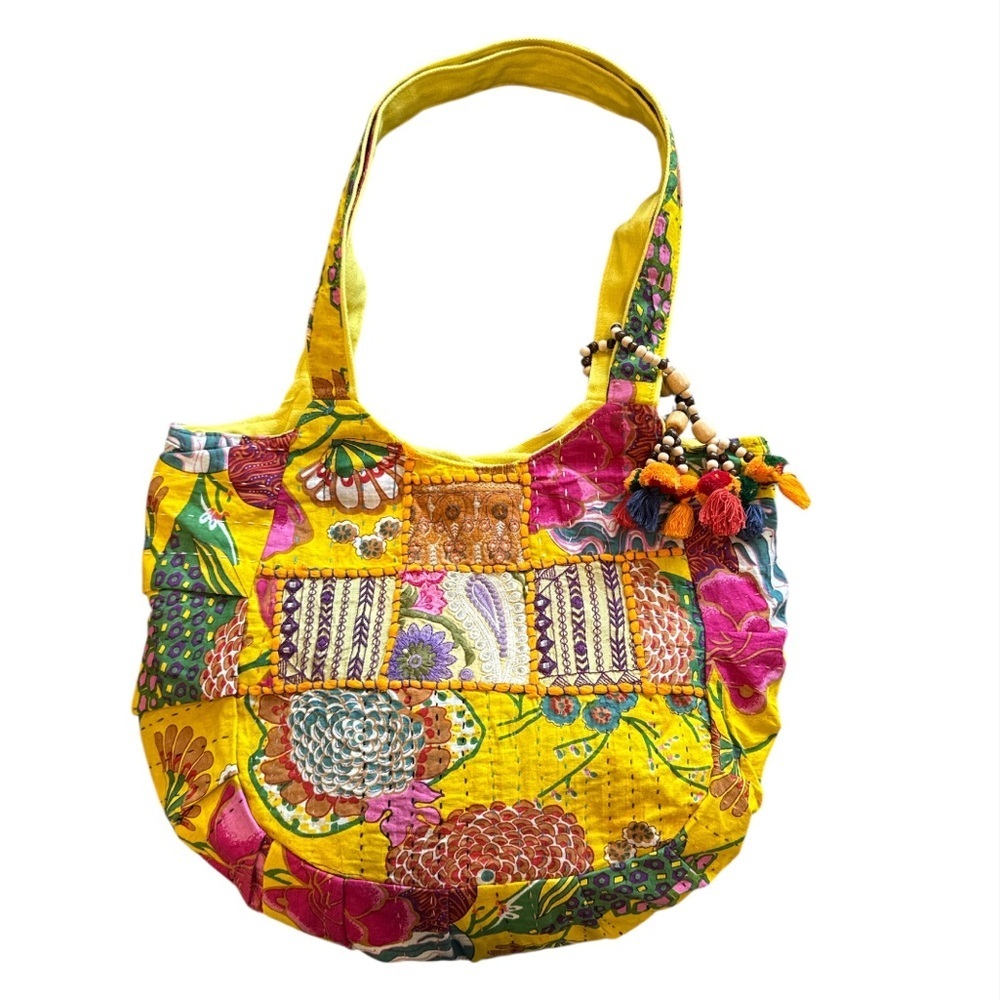 Tribe Azure Fair Trade Cotton Yellow Multi Patchwork Boho Tassel Tote Bag NWOT - Picture 14 of 16